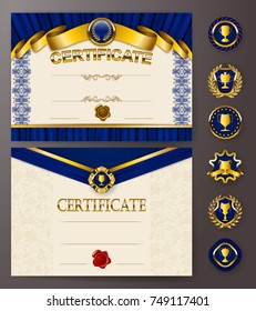 Set of elegant templates of diploma with lace ornament, ribbon, wax seal, drapery fabric, badges, place for text. Certificate of achievement, education, awards, winner. Vector illustration EPS 10.