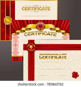 Set of elegant templates of diploma: lace ornament, ribbon, wax seal, shield, laurel wreath, drapery fabric, place for text. Certificate of achievement, education, award, winner. Vector illustration