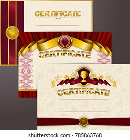 Set of elegant templates of diploma: lace ornament, ribbon, wax seal, shield, laurel wreath, drapery fabric, place for text. Certificate of achievement, education, award, winner. Vector illustration