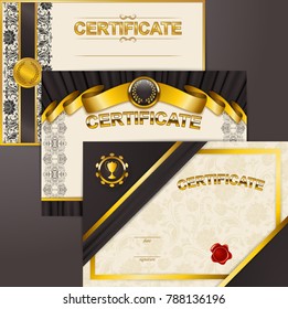 Set of elegant templates of diploma: lace ornament, ribbon, wax seal, shield, laurel wreath, drapery fabric, place for text. Certificate of achievement, education, award, winner. Vector illustration