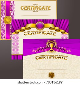 Set of elegant templates of diploma: lace ornament, ribbon, wax seal, shield, laurel wreath, drapery fabric, place for text. Certificate of achievement, education, award, winner. Vector illustration