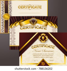 Set of elegant templates of diploma: lace ornament, ribbon, wax seal, shield, laurel wreath, drapery fabric, place for text. Certificate of achievement, education, award, winner. Vector illustration