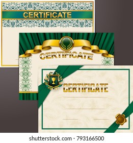 Set of elegant templates of diploma: lace ornament, ribbon, wax seal, shield, laurel wreath, drapery fabric, place for text. Certificate of achievement, education, award, winner. Vector illustration
