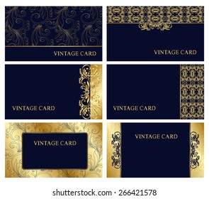 A set of elegant templates with floral elements for business cards, invitations, postcards. Color - gold and blue. Vector