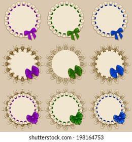 Set of elegant templates of frame design for luxury invitation, gift card with ruffles, bow, place for text. Vector illustration EPS10