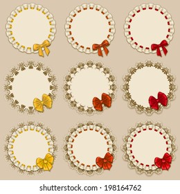 Set of elegant templates of frame design for luxury invitation, gift card with ruffles, bow, place for text. Vector illustration EPS10