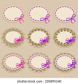 Set of elegant templates of frame design for luxury invitation, gift card with ruffles, bow, place for text. Vector illustration EPS10