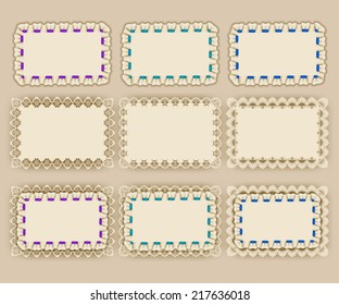 Set of elegant templates of frame design for luxury invitation, gift card with ruffles, ribbon, place for text. Vector illustration EPS10.