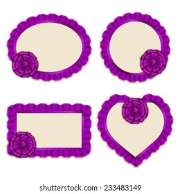 Set of elegant templates of frame design for luxury invitation, gift card with ruffles, bow, place for text. Vector illustration EPS10