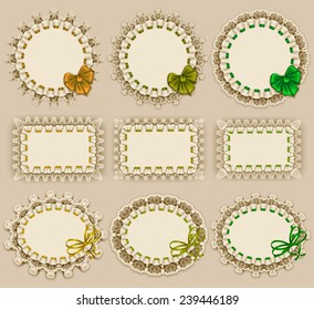 Set of elegant templates of frame design for luxury invitation, gift card with ruffles, bow, place for text. Vector illustration EPS10