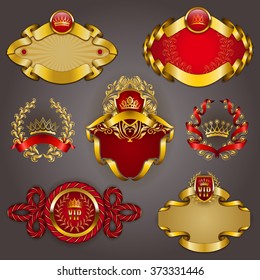 Set of elegant templates for gold vip frames with laurel wreaths on gray background. Filigree border, crown in vintage style for graphic design of club card, logo, icon. Vector illustration EPS 10.