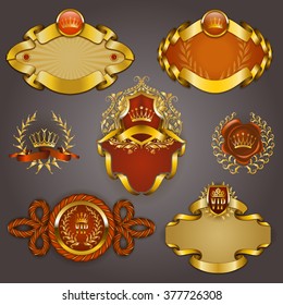 Set of elegant templates for gold vip frames with laurel wreaths on gray background. Filigree border, crown in vintage style for graphic design of club card, logo, icon. Vector illustration EPS 10.