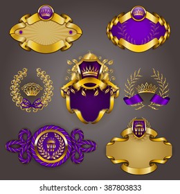 Conjunto de elegantes plantillas para marcos de vip dorados con coronas de laurel sobre fondo gris. Borde filigrí, corona en estilo vintage para el diseño gráfico de la tarjeta club, logotipo, icono. Ilustración del vector EPS 10.