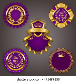 Set of elegant templates for gold vip frames with laurel wreaths on gray background. Filigree border, crown in vintage style for graphic design of club card, logo, icon. Vector illustration EPS 10.