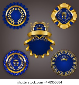 Set of elegant templates for gold vip frames with laurel wreaths on gray backgroun 