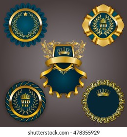Set of elegant templates for gold vip frames with laurel wreaths on gray background. Filigree border, crown in vintage style for graphic design of club card, logo, icon. Vector illustration EPS 10.
