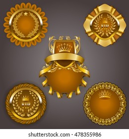 Set of elegant templates for gold vip frames with laurel wreaths on gray background. Filigree border, crown in vintage style for graphic design of club card, logo, icon. Vector illustration EPS 10.