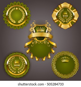 Set of elegant templates for gold vip frames with laurel wreaths on gray background. Filigree border, crown in vintage style for graphic design of club card, logo, icon. Vector illustration EPS 10.