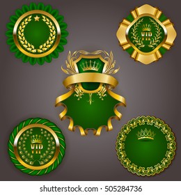 Set of elegant templates for gold vip frames with laurel wreaths on gray background. Filigree border, crown in vintage style for graphic design of club card, logo, icon. Vector illustration EPS 10.