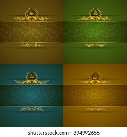 Set of elegant templates with golden frame banner, gold crown, laurel wreath on ornate floral background. Luxury floral invitation, greeting, gift card in vintage style. Vector illustration EPS 10.