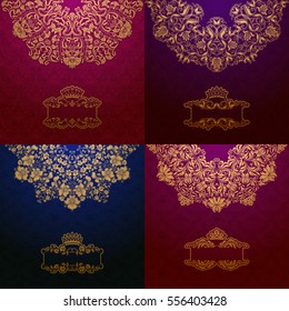 Set of elegant templates with golden frame banner, gold crown, place for text on ornate floral background. Luxury floral invitation, greeting, gift card in vintage style. Vector illustration EPS 10.