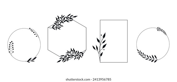 Set of elegant templates with hand drawn botanical elements. Different geometric shaped frames with plants. Vector illustration