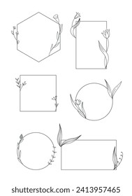 Conjunto de plantillas elegantes con elementos botánicos dibujados a mano. Distintos marcos geométricos con flores. Ilustración del vector