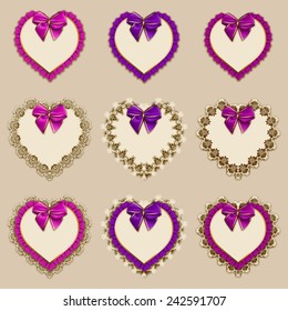 Set of elegant templates of heart frame design for luxury invitation, gift card with ruffles, bow, lace ornament, place for text. Vector illustration EPS10