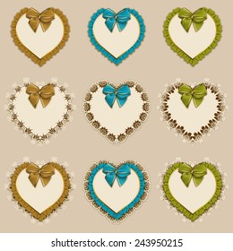 Set of elegant templates of heart frame design for luxury invitation, gift card with lace ornament, ruffles, bow, place for text. Vector illustration EPS10