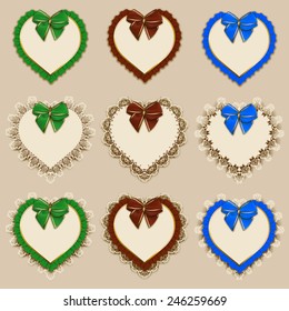 Set of elegant templates of heart frame design for luxury invitation, gift card with lace ornament, ruffles, bow, place for text. Vector illustration EPS10