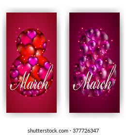Set of elegant templates for invitation, gift, greeting card, postcard with balloons, hearts, place for text. Festive background for international holiday 8th of March. Vector illustration EPS 10.