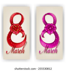 Set of elegant templates for invitation, greeting, gift card with ribbon, bow, heart, place for text. 8 march background. Vector illustration EPS 10
