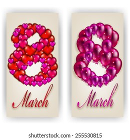 Set of elegant templates for invitation, greeting, gift card with hearts, balloons, place for text. Festive background for international holiday 8th of March. Vector illustration EPS 10.