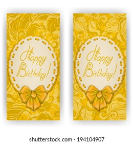 Set of elegant templates of luxury invitation, gift card with lace ornament, bow, place for text. Floral elements, ornate background. Vector illustration EPS10