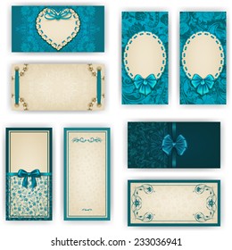 Set of elegant templates for luxury invitation, gift, greeting card with ruffles, lace ornament, ribbon, bow, heart frame, place for text. Floral elements, ornate background. Vector illustration EPS10