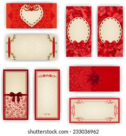Set of elegant templates for luxury invitation, gift, greeting card with ruffles, lace ornament, ribbon, bow, heart frame, place for text. Floral elements, ornate background. Vector illustration EPS10
