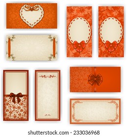 Set of elegant templates for luxury invitation, gift, greeting card with ruffles, lace ornament, ribbon, bow, heart frame, place for text. Floral elements, ornate background. Vector illustration EPS10