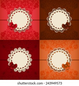 Set of elegant templates for luxury invitation, gift, greeting card with lace ornament, ruffles, ribbon, place for text. Floral elements, ornate background. Vector illustration EPS 10.