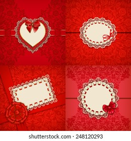 Set of elegant templates for luxury invitation, gift card with lace ornament, ruffle, ribbon, bow, place for text. Floral elements, ornate background. Save the date, mother day. Illustration EPS 10.