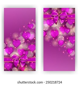 Set of elegant templates for luxury invitation, gift, greeting card with bow, ribbon, place for text. Abstract festive bokeh Valentine's, Mother's day background. Vector illustration EPS 10.