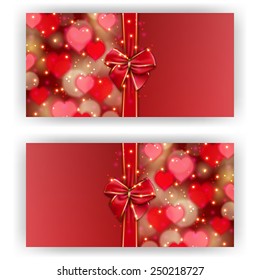 Set of elegant templates for luxury invitation, gift, greeting card with bow, ribbon, place for text. Abstract festive bokeh Valentine's, Mother's day background. Vector illustration EPS 10.