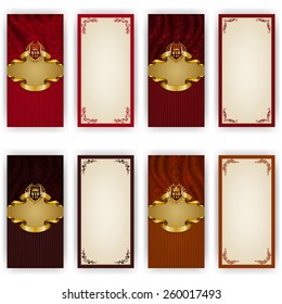 Set of elegant templates for luxury invitation, gift, greeting card with lace ornament, crown, laurel wreath, drapery fabric, place for text. Floral elements, ornate background. Illustration EPS 10.