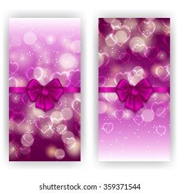 Set of elegant templates for luxury invitation, gift, greeting card with bow, ribbon, place for text. Abstract festive bokeh Valentine, Mother day background. Vector illustration EPS 10.