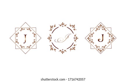 Set of elegant templates in monograms with the letter J. Decorative ornament 