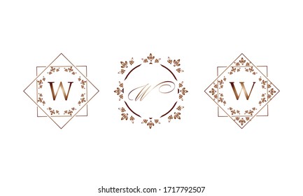 Set of elegant templates in monograms with the letter W. Decorative ornament and identical business sign, restaurant, boutique, cafe, hotel, labels