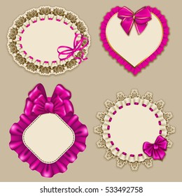 Set of elegant templates ornate frames for design luxury invitation, gift, greeting card, postcard with lace ornament, ruffles, pink bows, ribbons, place for text. Vector illustration EPS10