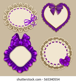 Set of elegant templates ornate frames for design luxury invitation, gift, greeting card, postcard with lace ornament, ruffles, purple bows, ribbons, place for text. Vector illustration EPS10