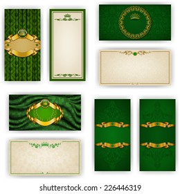 Set of elegant templates for VIP luxury invitation, greeting, gift card with lace ornament, crown, ribbon, drapery fabric, place for text. Floral elements, ornate background. Vector illustration EPS10