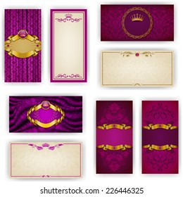 Set of elegant templates for VIP luxury invitation, greeting, gift card with lace ornament, crown, ribbon, drapery fabric, place for text. Floral elements, ornate background. Vector illustration EPS10