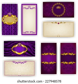 Set of elegant templates for VIP luxury invitation, greeting, gift card with lace ornament, crown, ribbon, drapery fabric, place for text. Floral elements, ornate background. Vector illustration EPS10